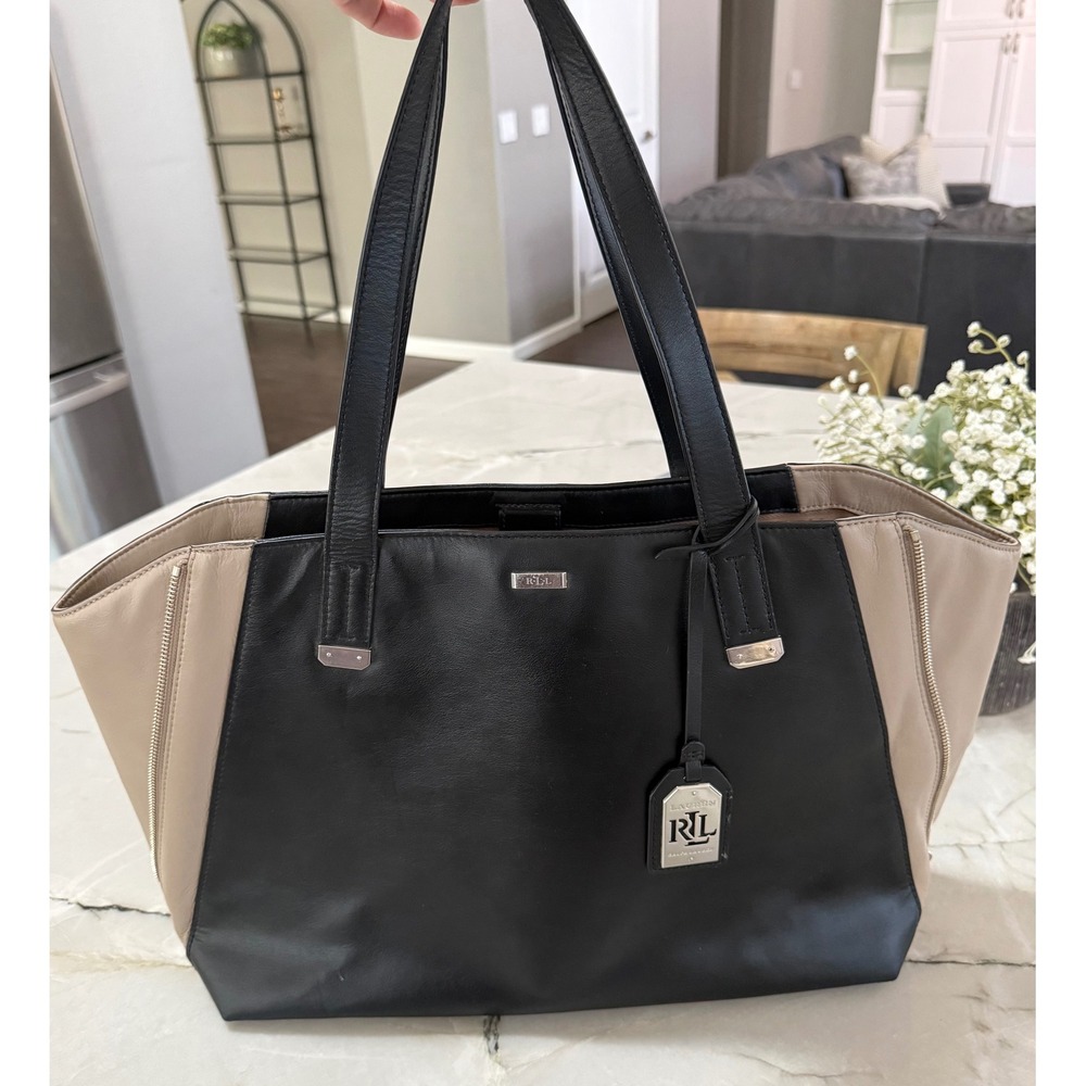 Lauren Ralph Lauren Gradwell Leather Tote Black Porcini Beige Expandable Zip Bag